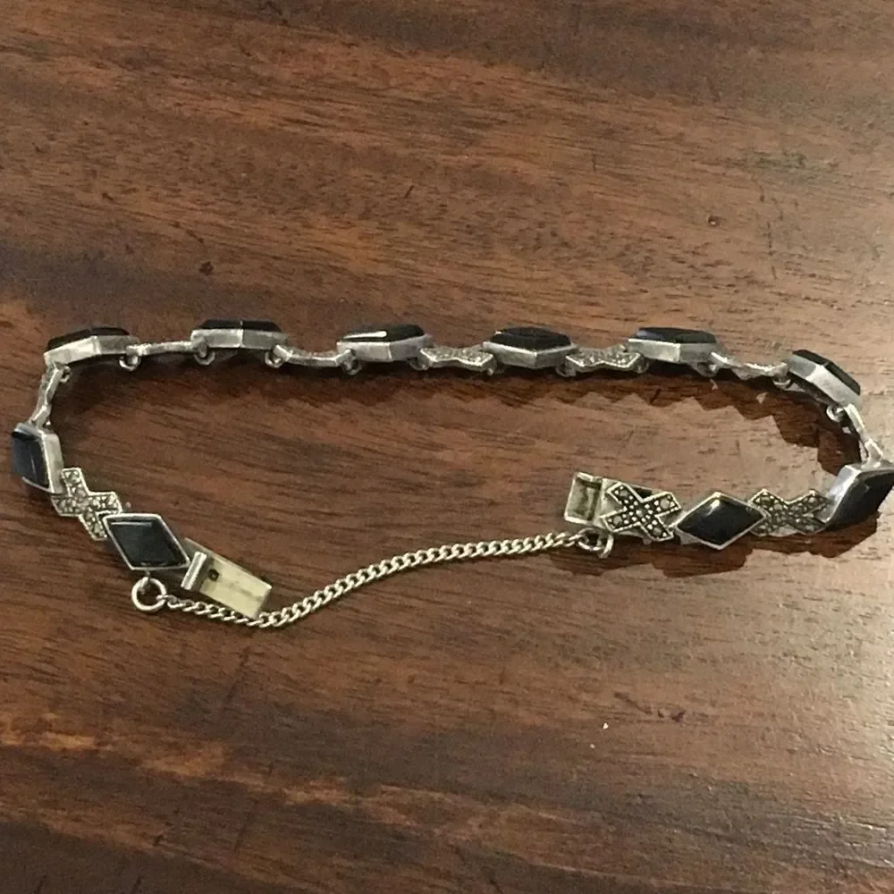 Vintage Black Onyx Marcasite Sterling Silver Tennis Bracelet